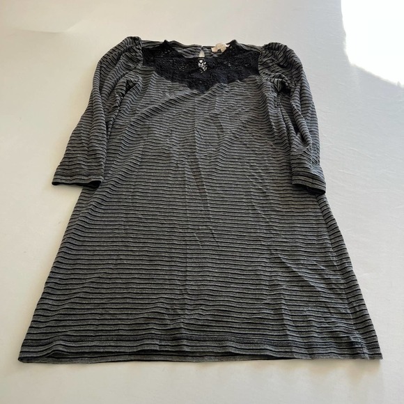 LOFT Petites Gray Dress black stripes lace trim SP - Picture 1 of 7